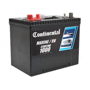 Lake Fork - Black Continental Marine/RV Battery 'Starting 1000' with Red and Black Terminals, Featuring Bus Image, Showcasing Reliability at Sartin Marine