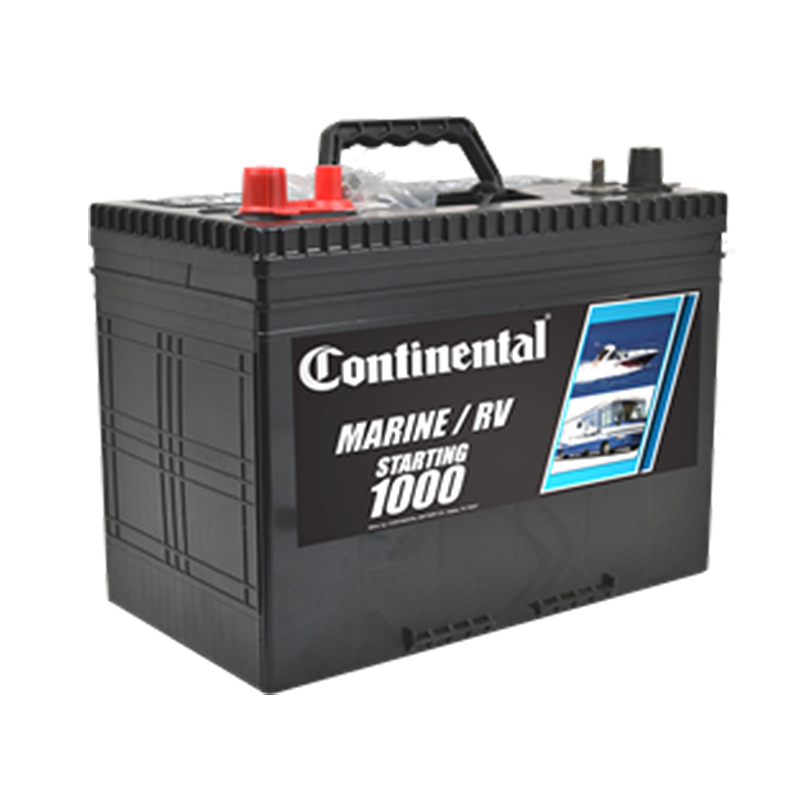 Alt text: "Black Continental Marine/RV battery with AUTO-DRAFT tech and 'Starting 1000' label, featuring boat and RV images, red/black terminals, top handle for easy carrying at Sartin Marine on Lake Fork.